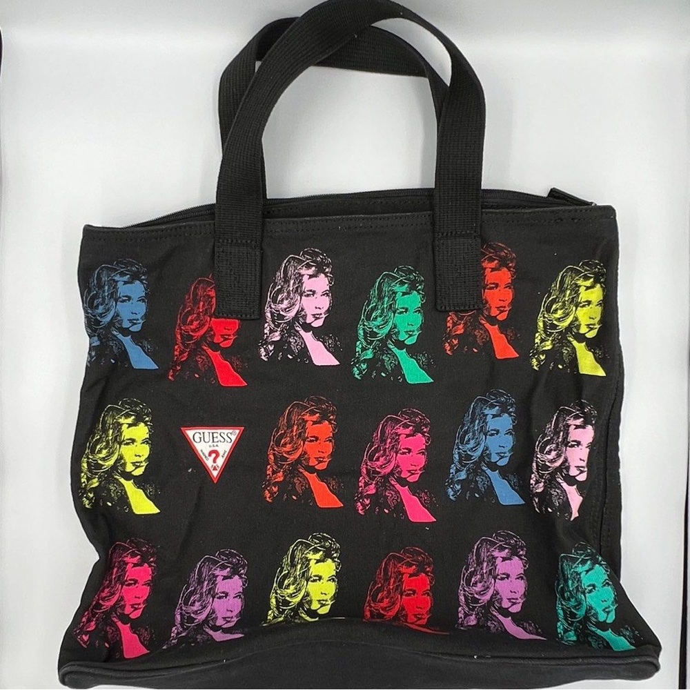 GUESS Neon Pop Art Claudia Schiffer Distressed Black Denim Jean Tote Bag - Picture 2 of 13